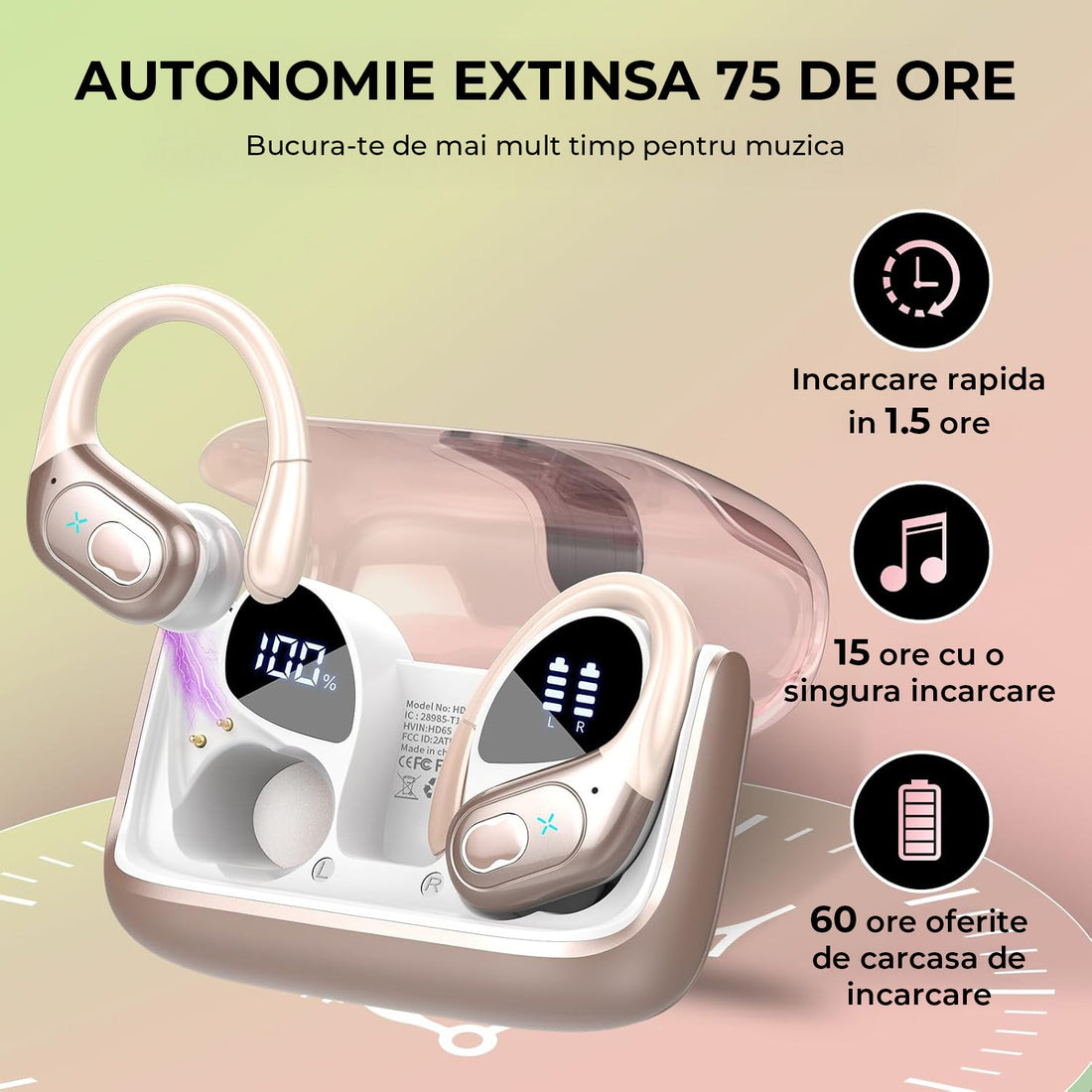 Casti Wireless Elindor® Sport Bluetooth 5.4, 75h Autonomie, ENC, Earhooks, IPX7 Waterproof, Microfon, Roz