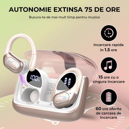 Casti Wireless Elindor® Sport Bluetooth 5.4, 75h Autonomie, ENC, Earhooks, IPX7 Waterproof, Microfon, Roz