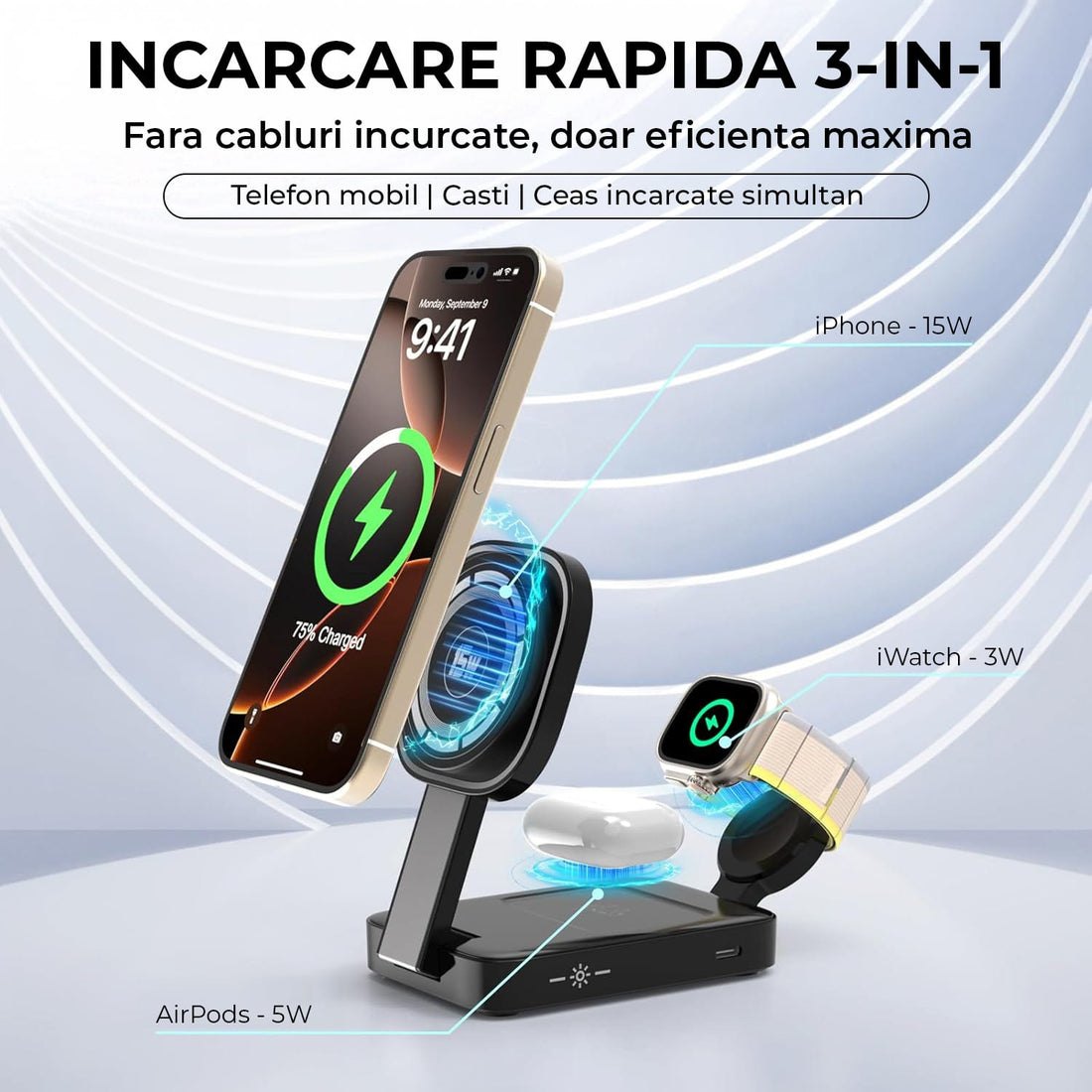 Încărcător Wireless 3in1 Elindor®, 15W, MagSafe, Pliabil, Negru