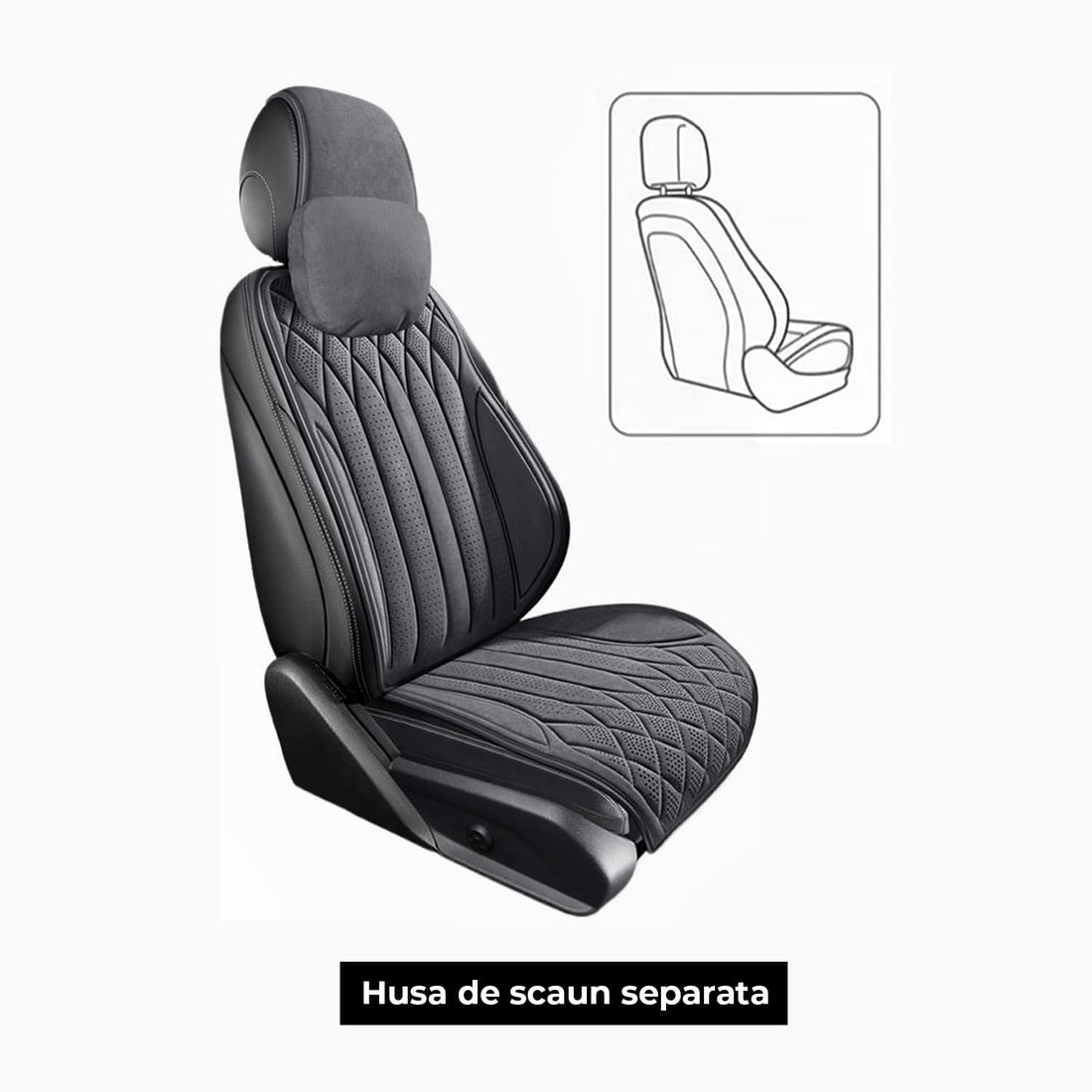 Husă Auto Elindor®, Suede Moale, Universală, Confort Premium, Pernă Tetiere Inclusă, Gri Închis
