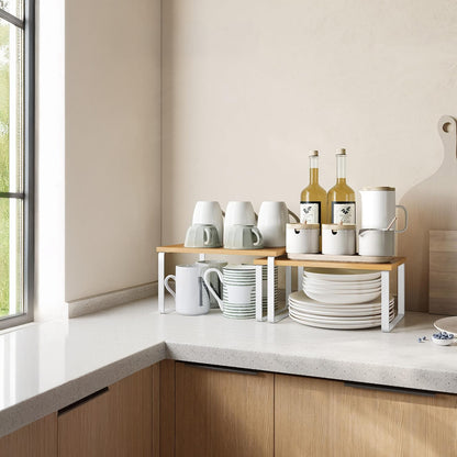 Set 2 Rafturi Elindor® din Bambus, Extensibil si Suprapus pentru Bucatarie, Organizator Metalic Reglabil, Ideal ca Etajera Depozitare in Camara sau Birou, Perfect pentru Condimente, Vesela, Farfurii, Stabil si Compact, Polita pentru Obiecte Diverse, Alb