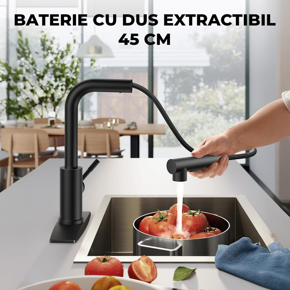 Robinet Bucatarie Elindor® cu Maner Unic, Pulverizator Retractabil, Otel Inoxidabil, Negru