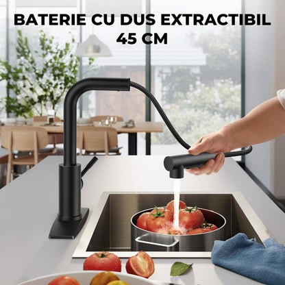 Robinet Bucatarie Elindor® cu Maner Unic, Pulverizator Retractabil, Otel Inoxidabil, Negru