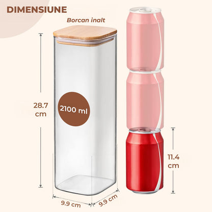 Set 3 Caserole Elindor® Sticla cu Capace Bambus, Recipiente Etanse 2.1L Pentru Alimente Uscate: Paste, Cereale, Cafea, Zahar, Cutii Depozitare si Organizare Bucatarie, Frigider sau Camara – Transparent