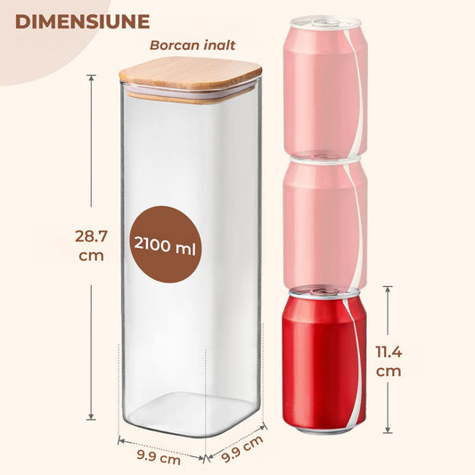 Set 3 Caserole Elindor® Sticla cu Capace Bambus, Recipiente Etanse 2.1L Pentru Alimente Uscate: Paste, Cereale, Cafea, Zahar, Cutii Depozitare si Organizare Bucatarie, Frigider sau Camara – Transparent
