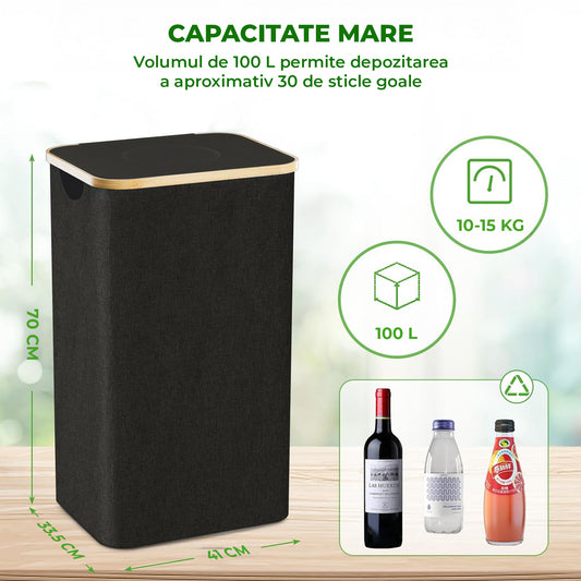 Cos pentru Reciclare Elindor® Capacitate 100L, din Material Textil si Bambus, pentru Multifunctional, pentru Bucatarie sau Camara, Cos Gunoi Potrivit pentru Colectare Selectiva a Sticlelor de Plastic, 41 x 33.5 x 70 cm, Negru