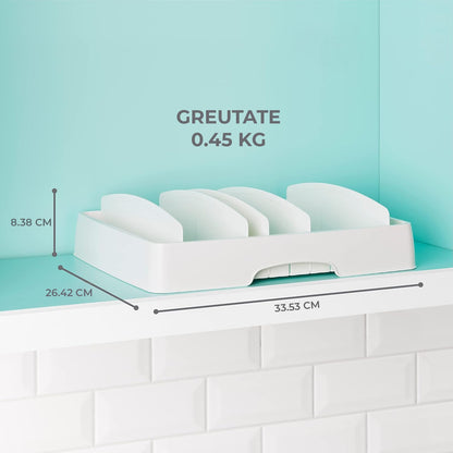 Organizator Capace Reglabil Elindor®, Suport Chiuveta, Uscator cu 5 Separatoare Ideal pentru Capace, Pahare, Tava Scurgere din Plastic, Organizator Bucatarie Multifunctional, Instalare Rapida, 33,5 × 26,4 × 8,4 cm, Plastic fara BPA, Alb