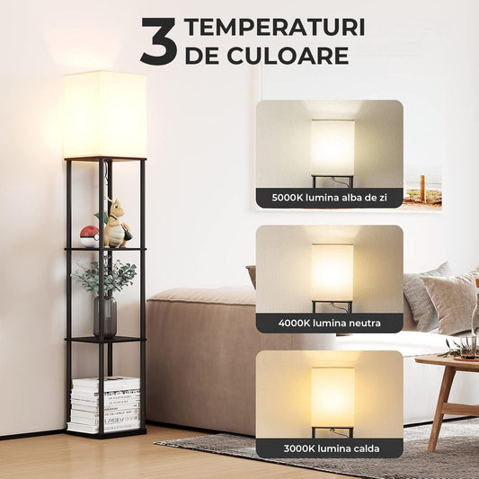 Lampa de Podea Decorativa Elindor® cu Structura Metalica, Rafturi de Depozitare,Abajur Textil, Negru