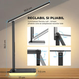 Lampa de Birou Elindor® Negara cu LED Integrat, Incarcare USB, cu Incarcare Rapida Telefon, 3 Moduri Lumina Camera Rece/Cald, Comanda prin Buton, Veioza Pliabila cu Brat Reglabil, Compacta si Portabila, pentru Birou, Dormitor, Hol, Living, 36.5 cm