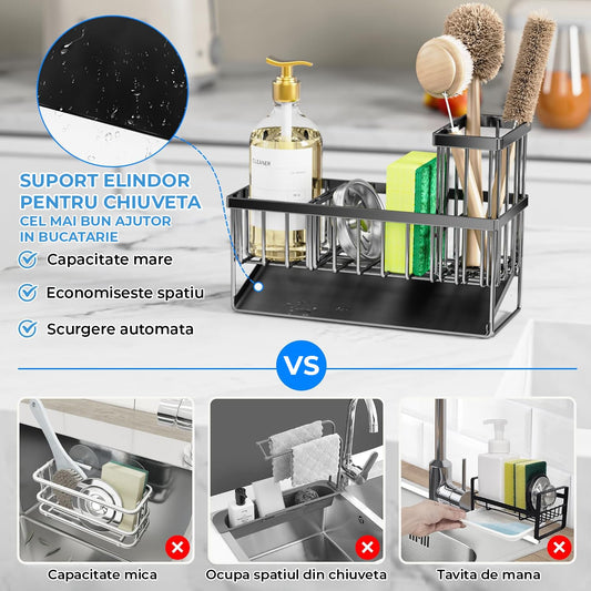 Suport pentru Chiuveta Elindor® Organizator Multifunctional, Compartimente pentru Burete Detergent Perii si Scurgere Eficienta, Negru