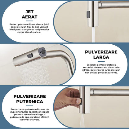 Baterie Bucatarie Elindor® Cu Dus Extractibil, Pipa Inalta, Finisaj Nichel Periat, Argintiu