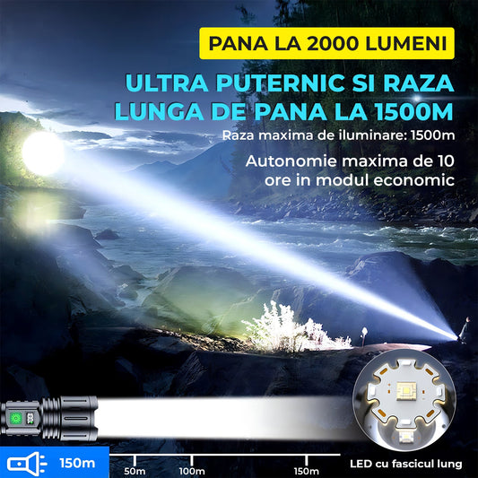 Lanterna LED Neagra Elindor® Profesionala, Extra Luminoasa, 2000 Lumeni, cu Acumulator / Baterie Reincarcabila (USB C), Design Tactic Militar, 5 Moduri, Fascicul cu Zoom, Rezistent la Apa, Multifunctionala, de Vanatoare, Pescuit, Drumetii