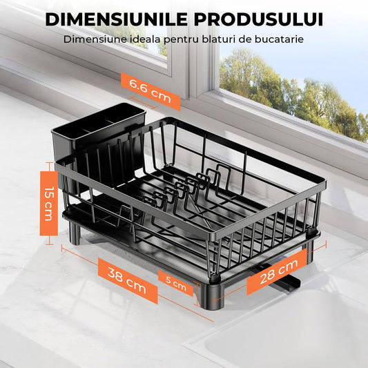 Scurgator Vase Elindor® Suport Chiuveta pentru Farfurii, Uscator Incorporabil, Ideal pentru Tacamuri, Vesela, Capace, Oale, Pahare, Tava din Plastic cu Scurgere Automata, Organizator Bucatarie Multifunctional, 38 x 29 x 15 cm, Negru