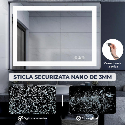 Oglinda de Perete Elindor® Dreptunghiulara, Antiaburire, Montare pe Orizontala/Verticala, fara Rama, Ideala pentru Baie, Iluminare Led, Buton ON/OFF Luminat si Noaptea, Rezistenta la Umiditate IP55, 60 x 100 cm