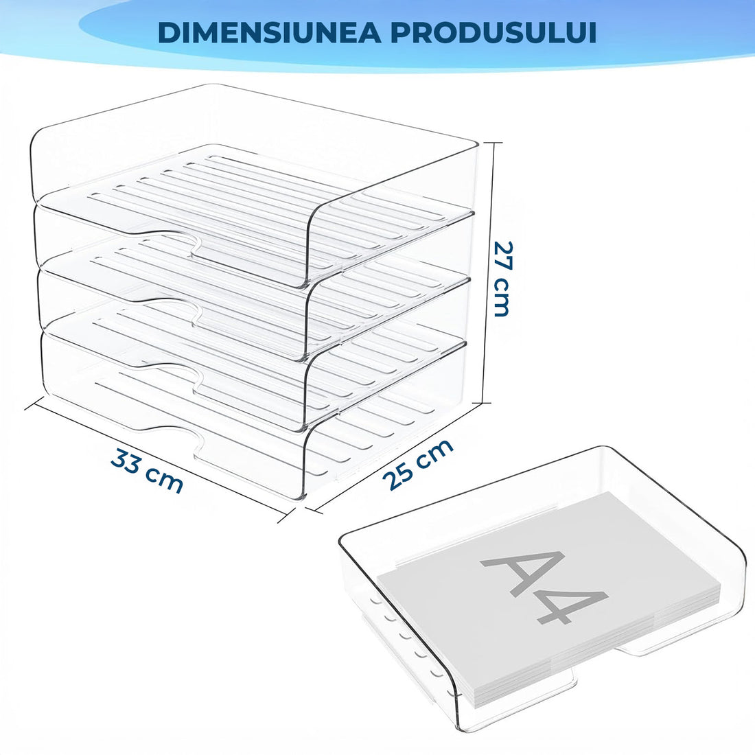 Set 4 Tavi de Depozitare Elindor® Cutii pentru Documente, Cutie cu 4 Compartimente Detasabile, Organizator de Birou, Potrivit si pentru Baie, Living, Bucatarie, pentru Creioane, Hartii, Rechizite, Pixuri, Suport Multufunctional, 33 x 25 x 27 cm, Transpare