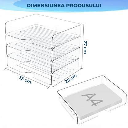 Set 4 Tavi de Depozitare Elindor® Cutii pentru Documente, Cutie cu 4 Compartimente Detasabile, Organizator de Birou, Potrivit si pentru Baie, Living, Bucatarie, pentru Creioane, Hartii, Rechizite, Pixuri, Suport Multufunctional, 33 x 25 x 27 cm, Transpare