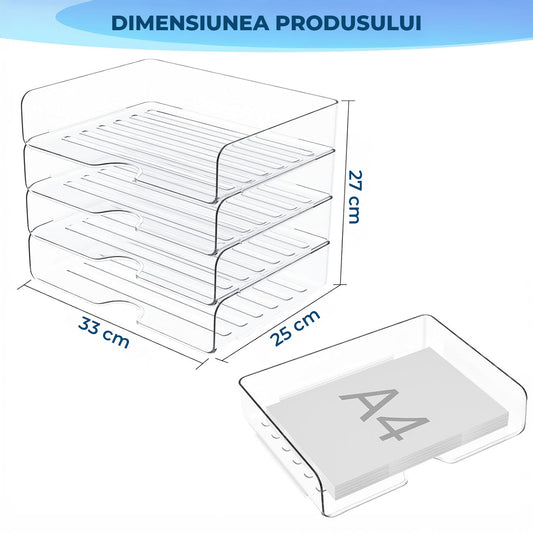Set 4 Tavi de Depozitare Elindor® Cutii pentru Documente, Cutie cu 4 Compartimente Detasabile, Organizator de Birou, Potrivit si pentru Baie, Living, Bucatarie, pentru Creioane, Hartii, Rechizite, Pixuri, Suport Multufunctional, 33 x 25 x 27 cm, Transpare