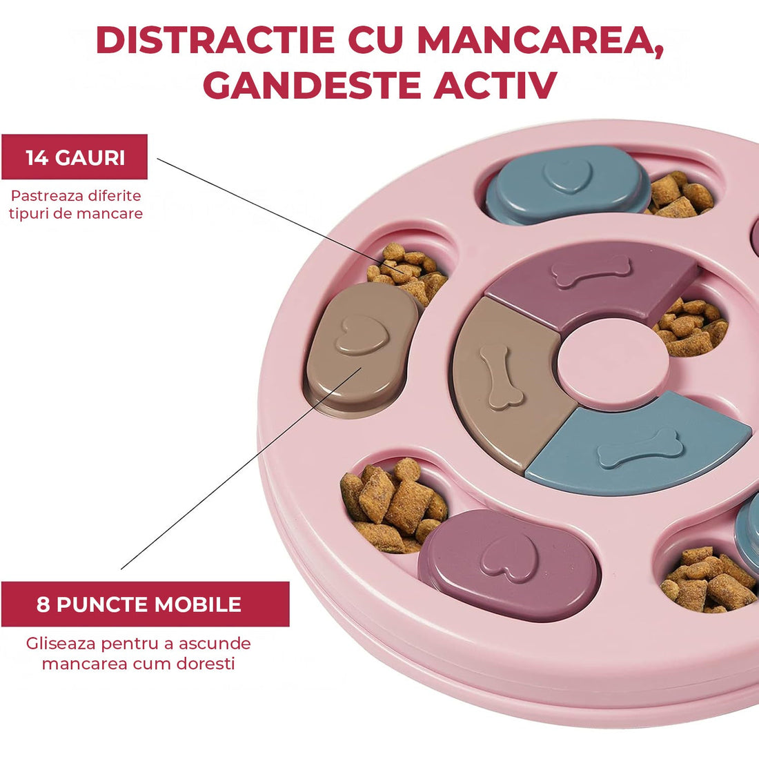 Jucarie Puzzle Elindor® Interactiva pentru Animale de Companie, Bol de Mancare, Compartimente Glisante, Roz
