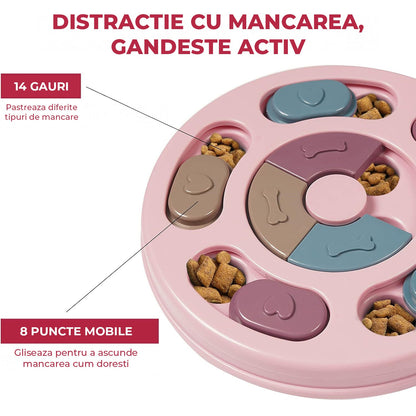 Jucarie Puzzle Elindor® Interactiva pentru Animale de Companie, Bol de Mancare, Compartimente Glisante, Roz