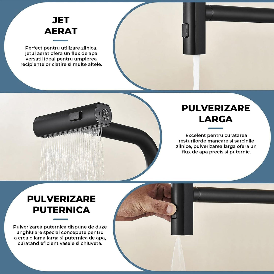 Baterie Bucatarie Elindor® Cu Dus Extractibil, Pipa Inalta, Finisaj Nichel Periat, Negru