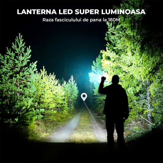 Lanterna LED MIni Neagra Elindor® Profesionala, Extra Luminoasa, 2000 Lumeni, cu Acumulator / Baterie Reincarcabila (USB C), Design Tactic Militar, 4 Moduri, Fascicul cu Zoom, Rezistent la Apa, Multifunctionala, pentru Pescuit, Plimbari, Drumetii,