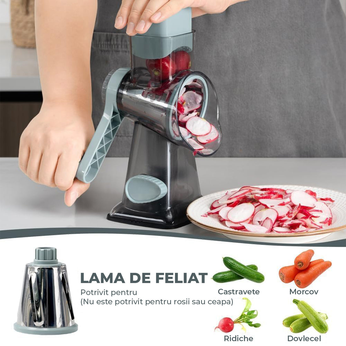 Rasnita Rotativa 3 in 1 Elindor® cu Maner, Razatoare Lame din Otel Inoxidabil, Tocator Legume, Cascaval, Razatoare Branza, Nuci, Morcovi, Varza, Ustensila de Bucatarie, Design Compact, Multifunctional, Gri