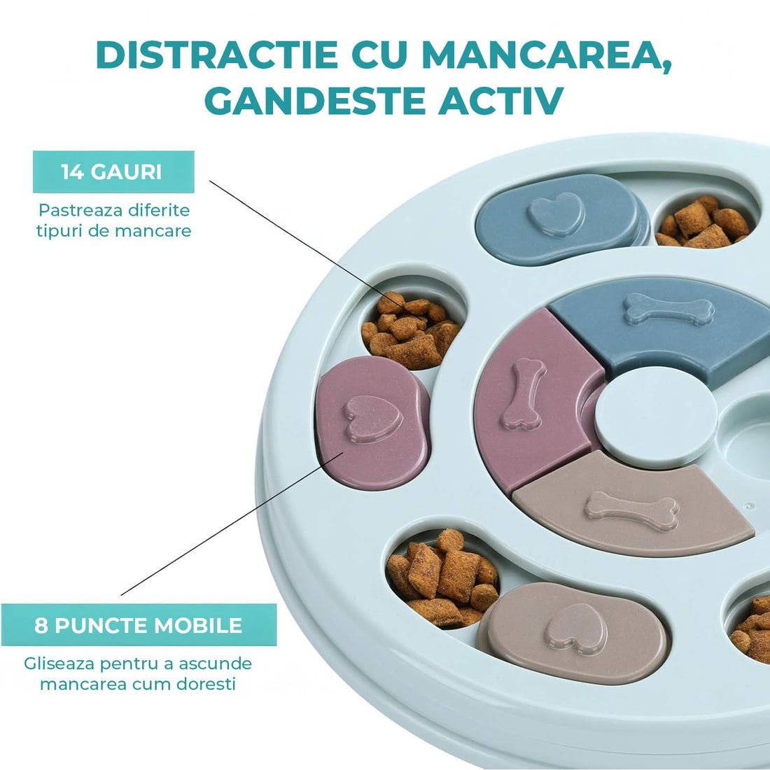 Jucarie Puzzle Elindor® Interactiva pentru Animale de Companie, Bol de Mancare, Compartimente Glisante, Albastru