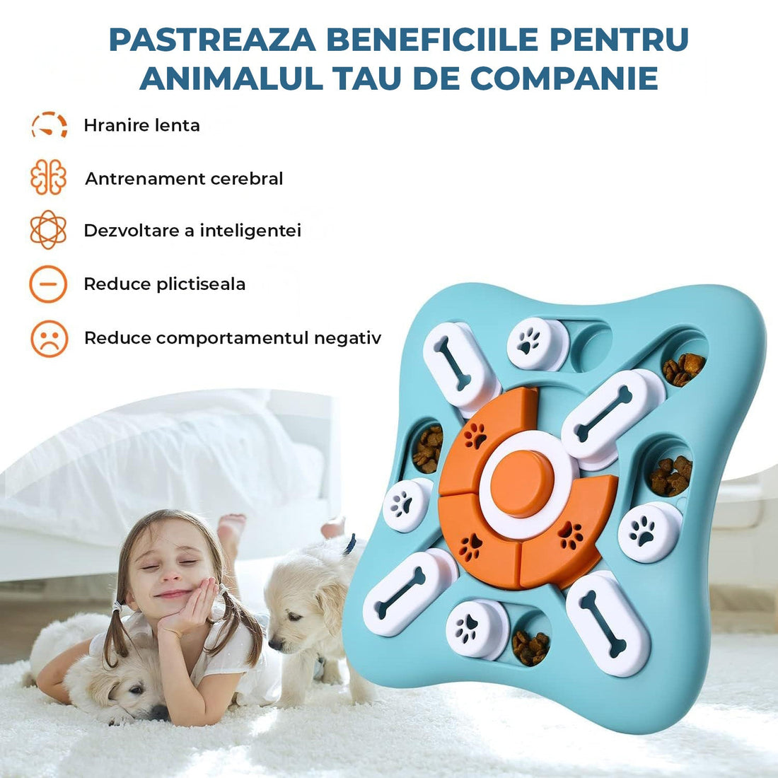Puzzle Inteligent Elindor® pentru Caini si Pisici cu Sunet si Compartimente Recompense si Hrana, Rotire 360, Albastru