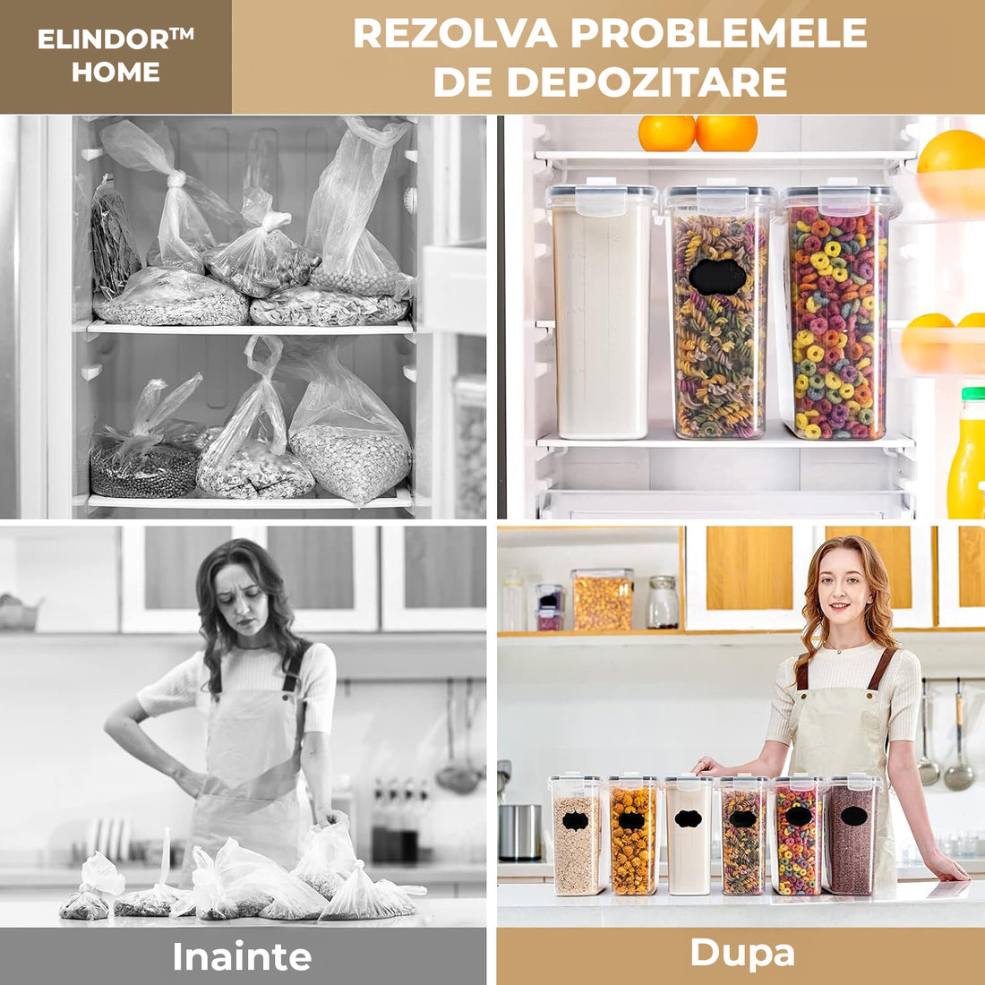 Set de 6 Recipiente Elindor® Mari, Caserole Ingrediente pentru Bucatarie, pentru Alimente Uscate, Recipient pentru Depozitare Cafea, Zahar, Paste, Cereale, Capac Etans, fara BPA, Etichete Reutilizabile, Marker, 4L, 9 × 10 × 15 cmTransparent