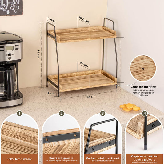 Organizator Elindor® cu 2 Nivele, Recipient de Depozitare Multifunctional, Organizator pentru Dulapul din Baie si Bucatarie, Raft pentru Cafea, Condimente, Parfumuri, Creme, Suport din Lemn, Maro