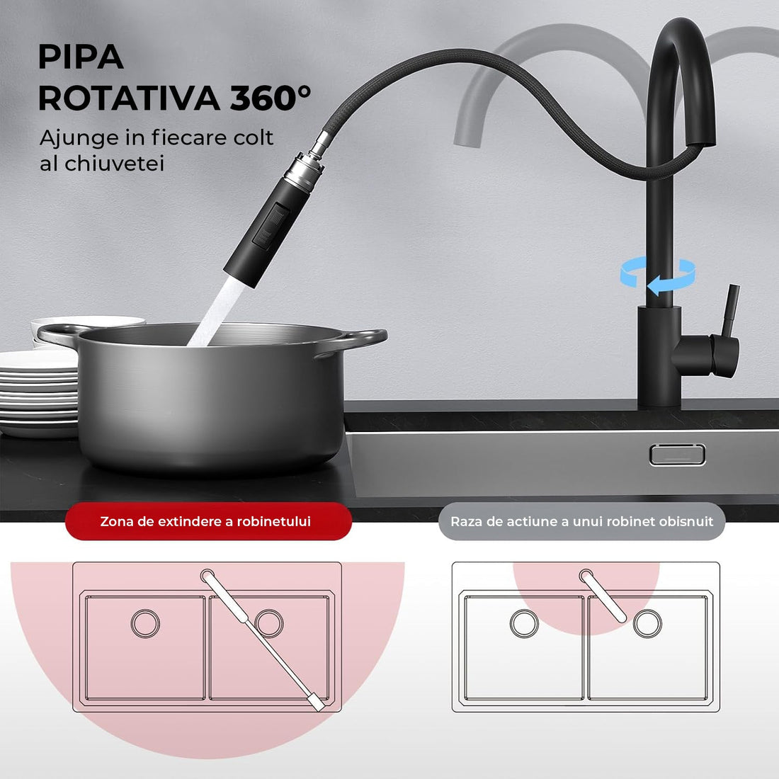 Baterie Chiuveta Neagra Elindor®, Robinet de Apa pentru Bucatarie, Jet Reglabil, Modern cu Pipa Flexibila, Cap Dus Extractabil cu Doua Functii, Monocomanda, Rotativ 360°, Otel Inoxidabil, Finisaj Mat