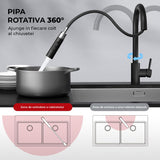 Baterie Chiuveta Neagra Elindor®, Robinet de Apa pentru Bucatarie, Jet Reglabil, Modern cu Pipa Flexibila, Cap Dus Extractabil cu Doua Functii, Monocomanda, Rotativ 360°, Otel Inoxidabil, Finisaj Mat
