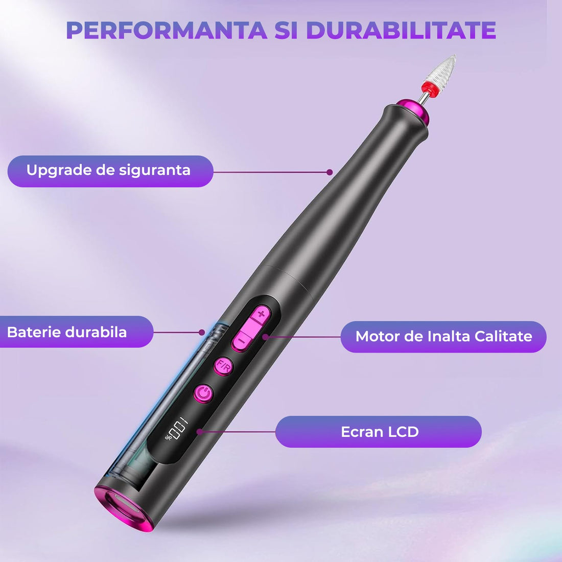 Freza Unghii Reîncărcabilă Elindor® 35.000 RPM, Afisaj LED, 5 Viteze, Negru