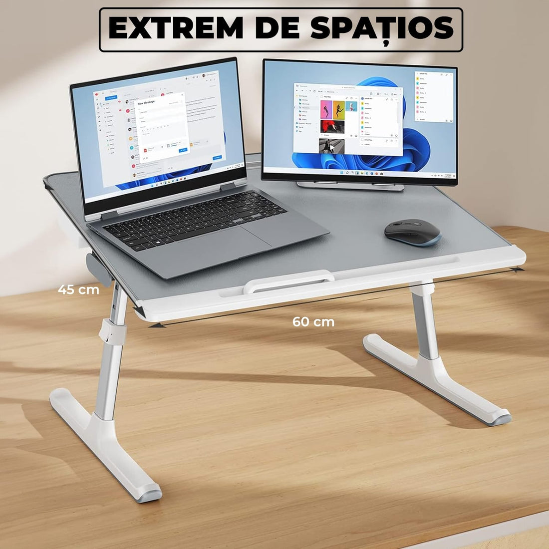 Masa Pliabila pentru Laptop Elindor®, Multifunctionala, Ajustabila din Piele PVC, Birou Portabil cu Sertar de Depozitare si Suport pentru Carte, Inaltime intre 27-38 cm, Gri