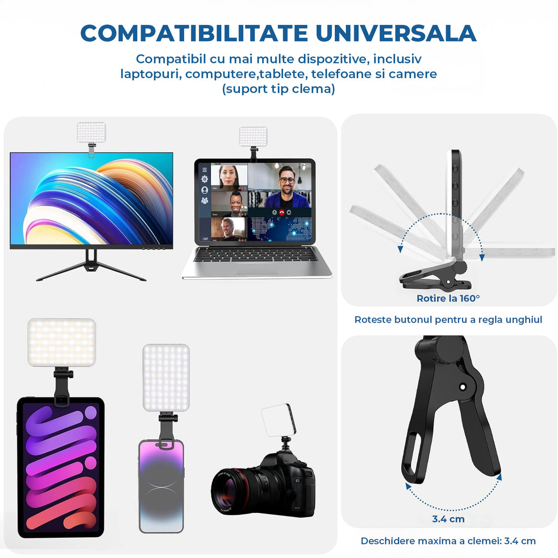 Lampa LED Portabila Elindor® Lumina Profesionala Compacta pentru Videoconferinte, Streaming, Selfie si Machiaj, cu Clip Reglabil si Suport Trepied, 3 Moduri Culoare Alb, Cald, Natural, 10 Trepte Intensitate, Baterie Reincarcabila 2200 mAh, Negru