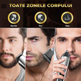Aparat De Tuns 3 in 1 Elindor® Pentru Ingrijire Personala, Barba, Par, Nas/Urechi, Display LED, Lame Precise, Autonomie 2.5h, Argintiu