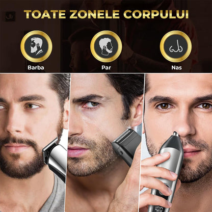 Aparat De Tuns 3 in 1 Elindor® Pentru Ingrijire Personala, Barba, Par, Nas/Urechi, Display LED, Lame Precise, Autonomie 2.5h, Argintiu