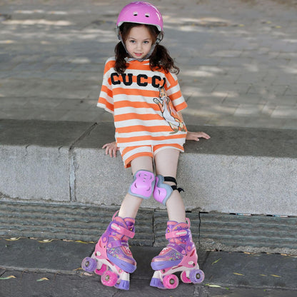 Role Reglabile Elindor® pentru Copii, Fete si Baieti, 4 Roti cu Lumini Quad, Ajutatoare, Rotile din Silicon, Rulmenti ABEC-7, Aluminiu / Poliuretan, Marimea S, 28-31, Model Unicorn, Mov