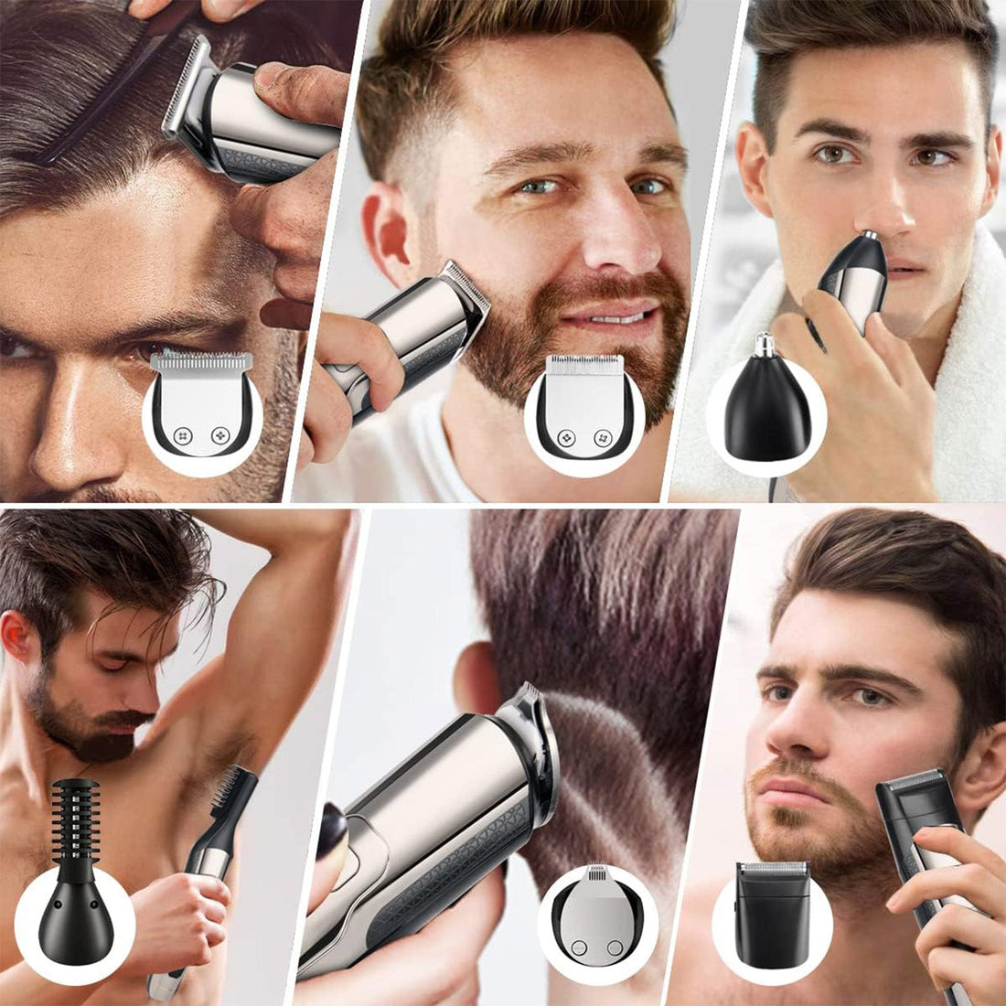 Aparat Tuns Reincarcabil Elindor® 6 in 1 cu Trimmer pentru Par, Barba, Corp si Nas, Accesorii Multiple, Afisaj Digital, Argintiu