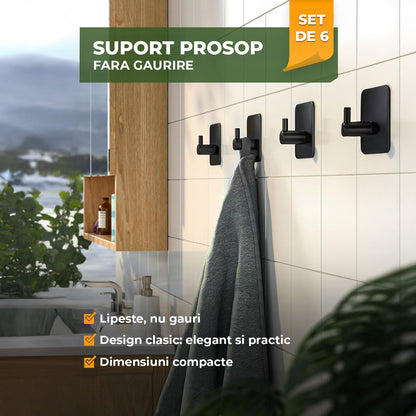 Set 6 Carlige Autoadezive Elindor®, Otel Inoxidabil Negre, Design Modern Fara Gaurire, Adeziv Puternic Rezistent la Apa, Suporta pana la 10 kg, Montaj Rapid, Agatatori pentru Prosoape, Halate, Chei, pentru Baie, Bucatarie, Hol, Birou sau Usi