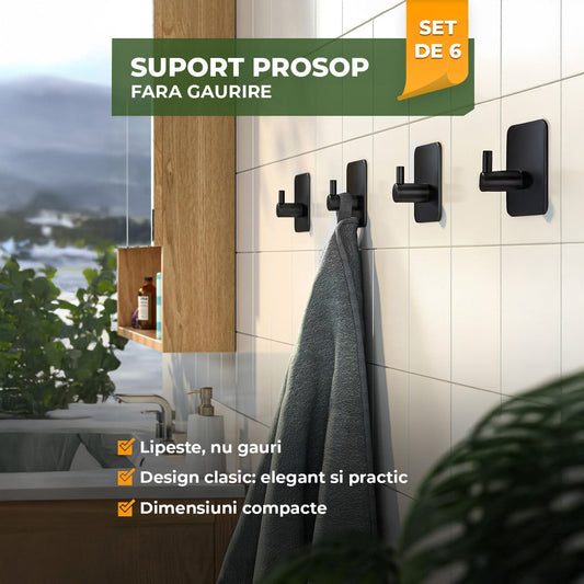 Set 6 Carlige Autoadezive Elindor®, Otel Inoxidabil Negre, Design Modern Fara Gaurire, Adeziv Puternic Rezistent la Apa, Suporta pana la 10 kg, Montaj Rapid, Agatatori pentru Prosoape, Halate, Chei, pentru Baie, Bucatarie, Hol, Birou sau Usi