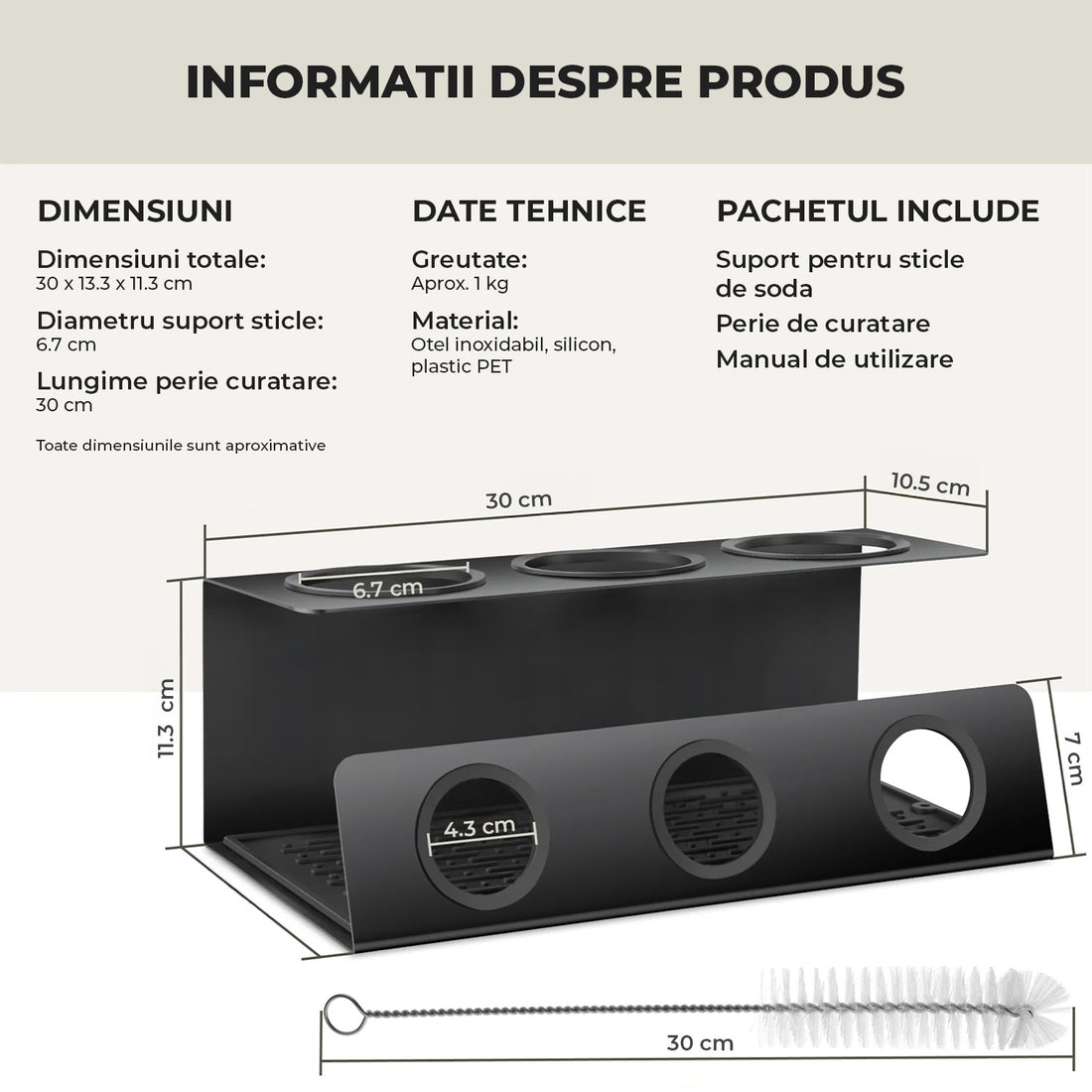 Scurgator de Sticle Elindor® cu 3 Orificii, Suport Scurgere Capace, Otel Inoxidabil, Ideal pentru Chiuveta in Bucatarie, Bar, cu Scurgere Automata si Ventilatie Completa, Multifunctional, 11.3 x 13.3 x 30 cm, Negru