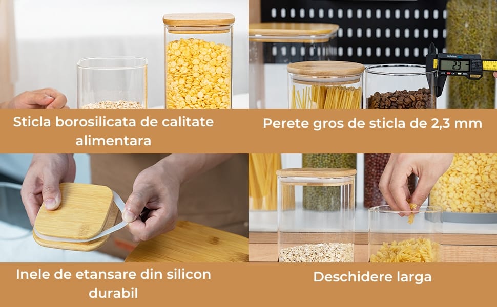 Set 3 Borcane Sticlă Elindor®, 2L, Capace Bambus și Etichete Negre