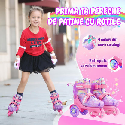Role Reglabile Elindor® pentru Copii, Fete si Baieti, 4 Roti cu Lumini, Platforma in Triunghi, Ajutatoare pentru Incepatori, Rotile din Silicon, Rulmenti Aluminiu / Poliuretan, Marimea S, 28-32, Roz