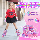 Role Reglabile Elindor® pentru Copii, Fete si Baieti, 4 Roti cu Lumini, Platforma in Triunghi, Ajutatoare pentru Incepatori, Rotile din Silicon, Rulmenti Aluminiu / Poliuretan, Marimea XS, 25-27.5, Roz