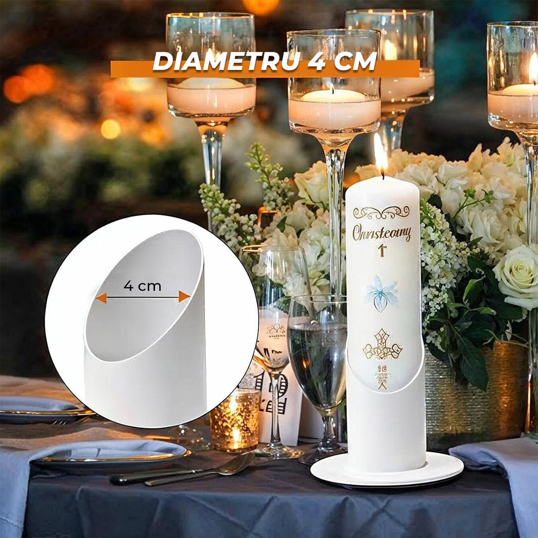 Suport Metalic pentru Lumanare Elindor®, Stil Minimalist, Ideal pentru Evenimente si Ambient, Material Durabil, Set de Spatiu pentru Decor, Suport Lumanare Elegant de Masa pentru Botez, Cununie, Aranjamente, Alb