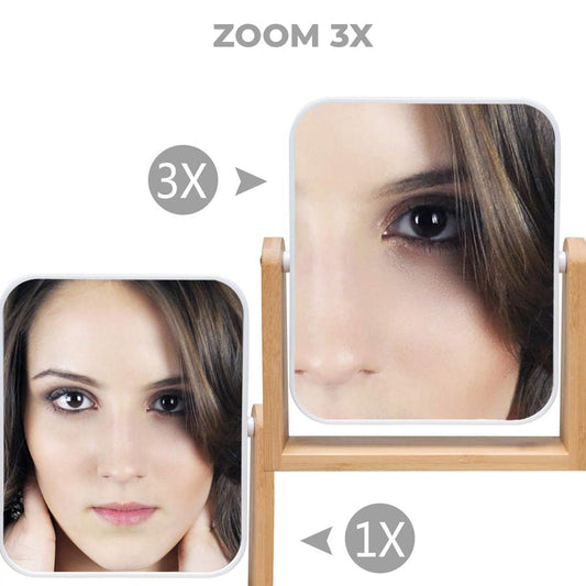 Oglinda Cosmetica Machiaj Elindor®, Lupa care Mareste 3X, Rotire 360, Baza din Bambus, Potrivita in Coafor, Frizerie, Acasa, Ideala pentru Zona Faciala, Pensat, Barbierit, Tuns, ca Oglinda de Mana, Alb