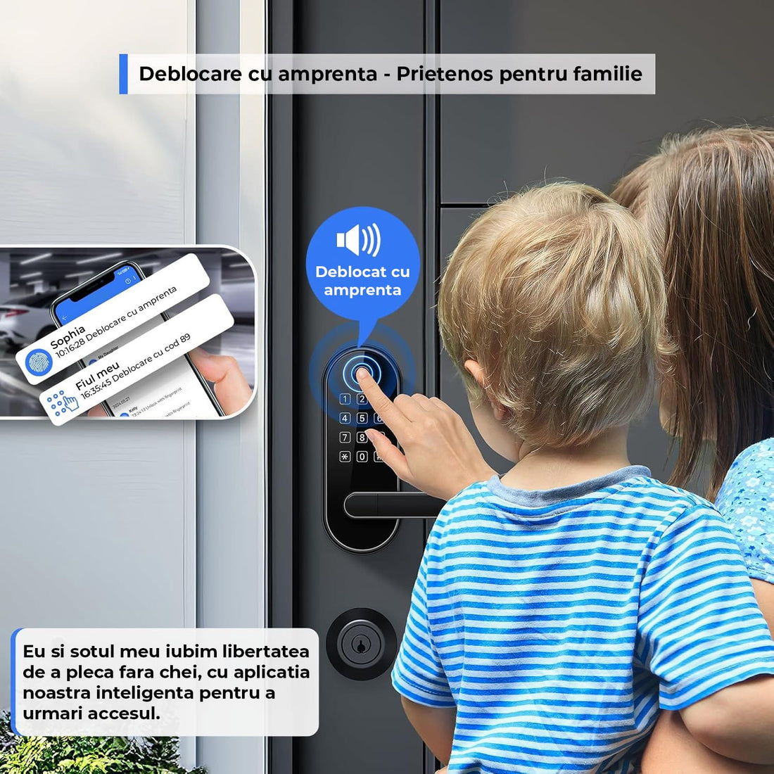 Yala Inteligentă Elindor® cu Amprentă și Cod de Acces, Fără Cheie, Negru