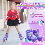 Role Reglabile Elindor® pentru Copii, Fete si Baieti, 4 Roti cu Lumini, Platforma in Triunghi, Ajutatoare pentru Incepatori, Rotile din Silicon, Rulmenti Aluminiu / Poliuretan, Marimea XS, 25-27.5, Mov