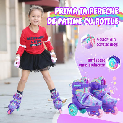 Role Reglabile Elindor® pentru Copii, Fete si Baieti, 4 Roti cu Lumini, Platforma in Triunghi, Ajutatoare pentru Incepatori, Rotile din Silicon, Rulmenti Aluminiu / Poliuretan, Marimea S, 28-32, Mov